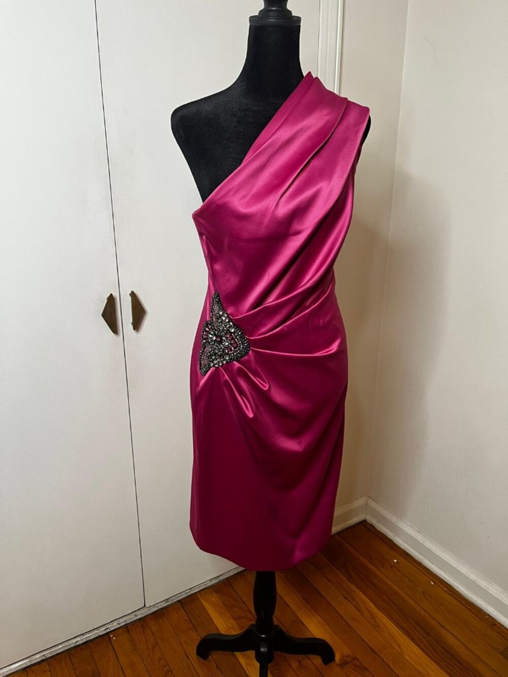 One-Shoulder Satin Dress in Fuchsia with Beaded Glitzy Accent